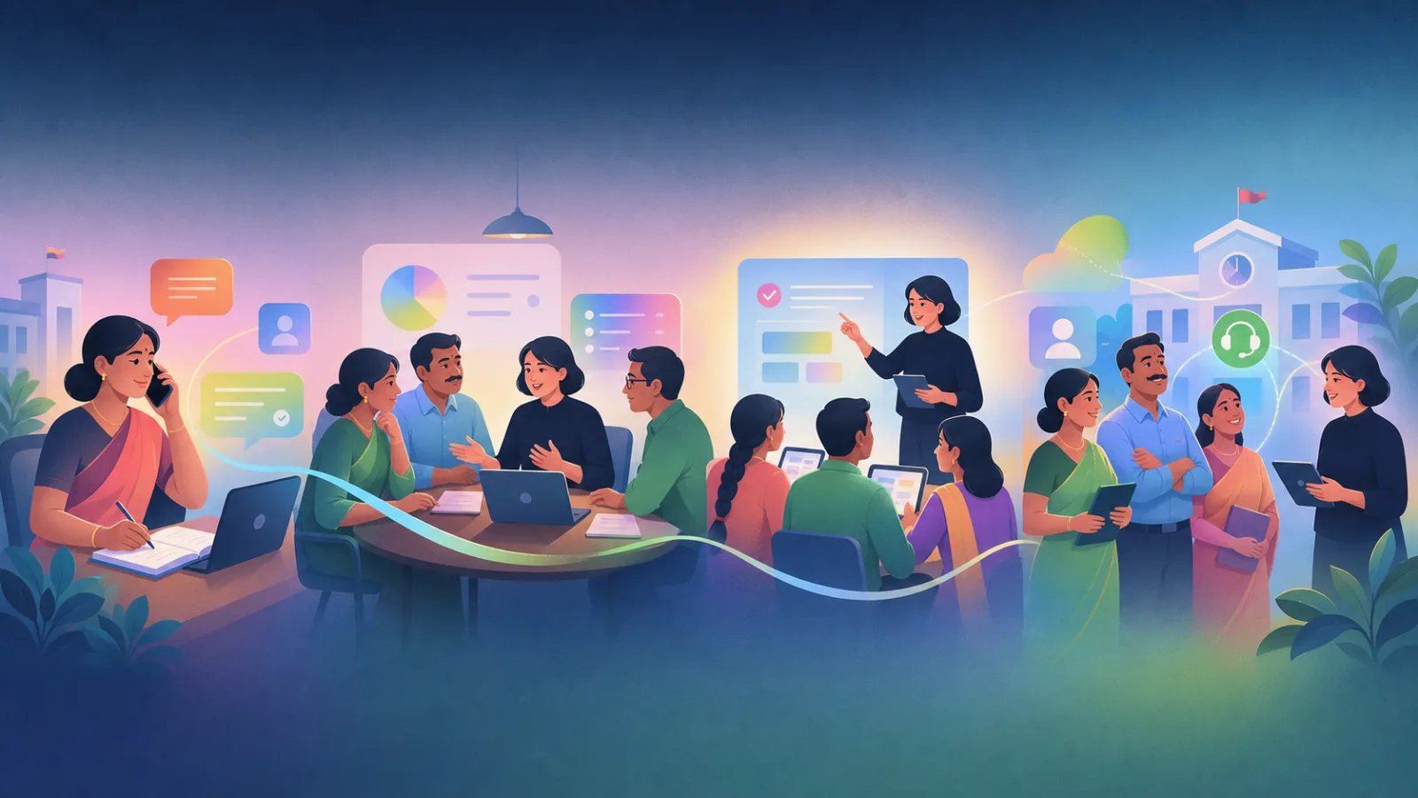 Editorial illustration of the My School Bee journey from consultation to teacher training and ongoing support