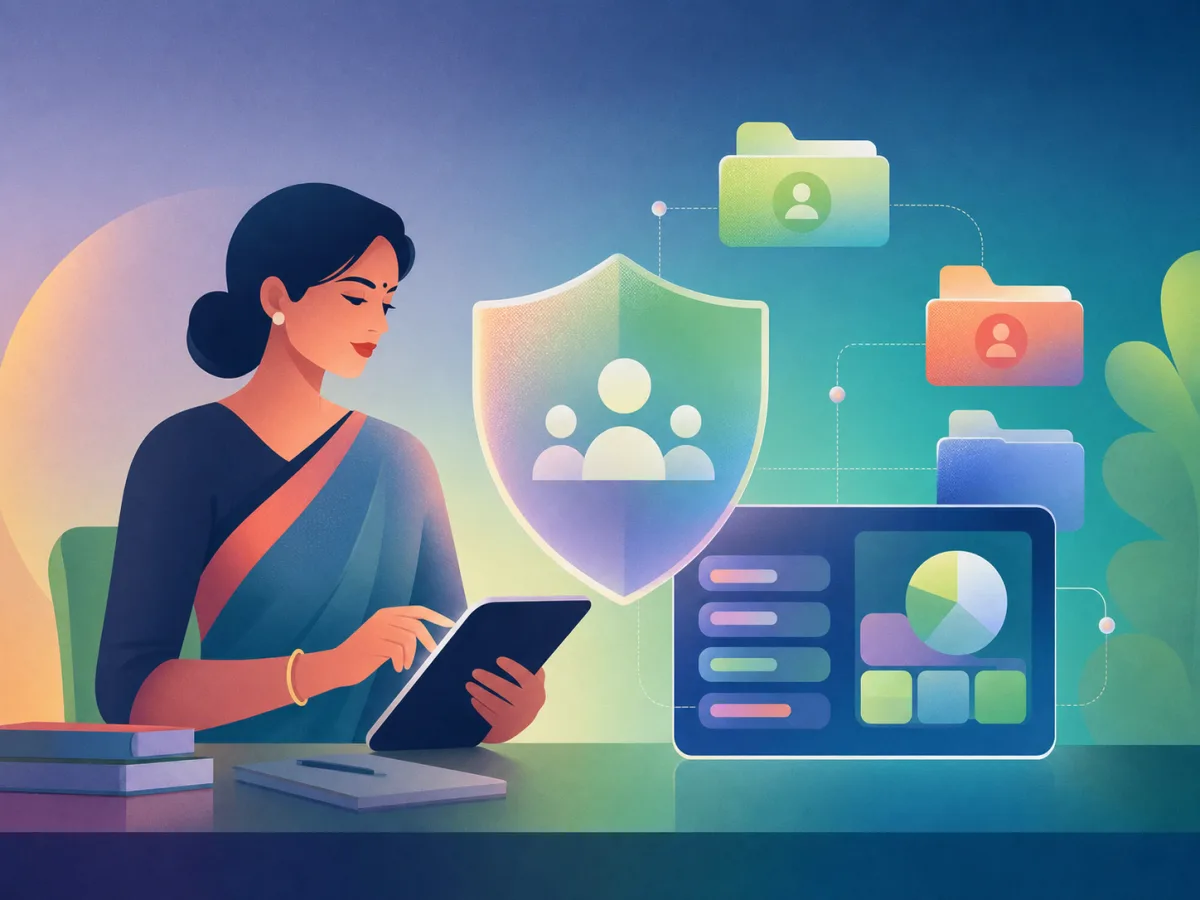 Illustration of a school administrator protecting organized school data
