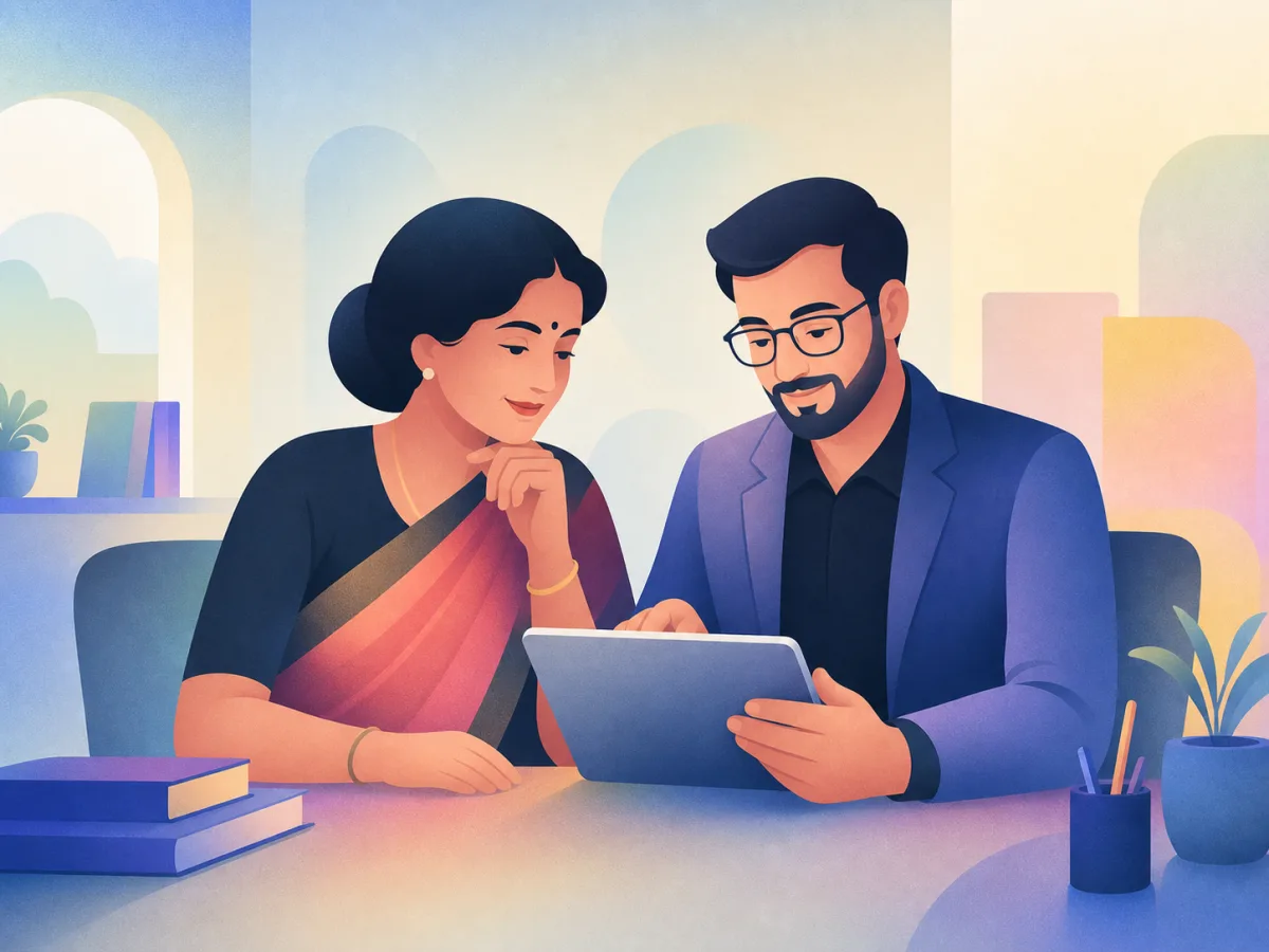 Illustration of a school principal consulting with a My School Bee implementation specialist